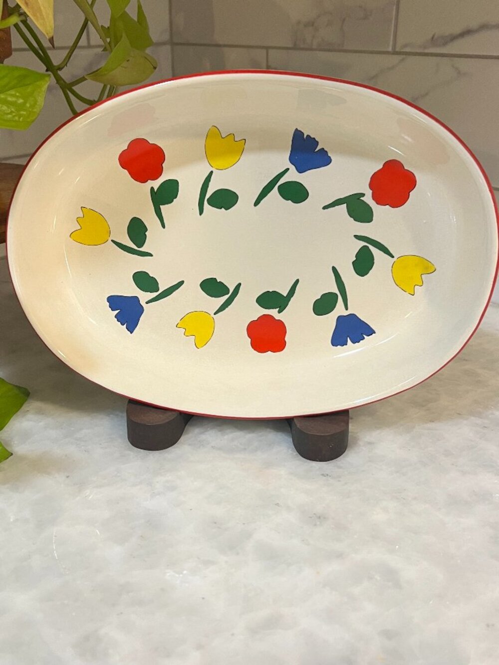 Vintage Folk Art Tulip Floral Oval Baking Dish Cottage Kitchen Decor